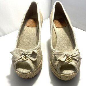 Tory Burch JACKIE Peep Toe Beige Wedge Platform Espadrille Women's Size 7B